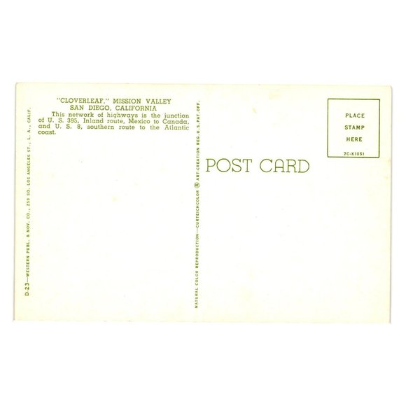 Vintage Postcard Cloverleaf Highway Mission Valley San Diego California 395 to 8 - Picture 2 of 2